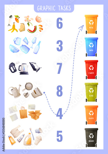 Ecological game for kids, garbage counting exercise, connecting with the right number and finding a garbage container by type of waste. Puzzle, workbook for kids, Earth Day, zero waste.