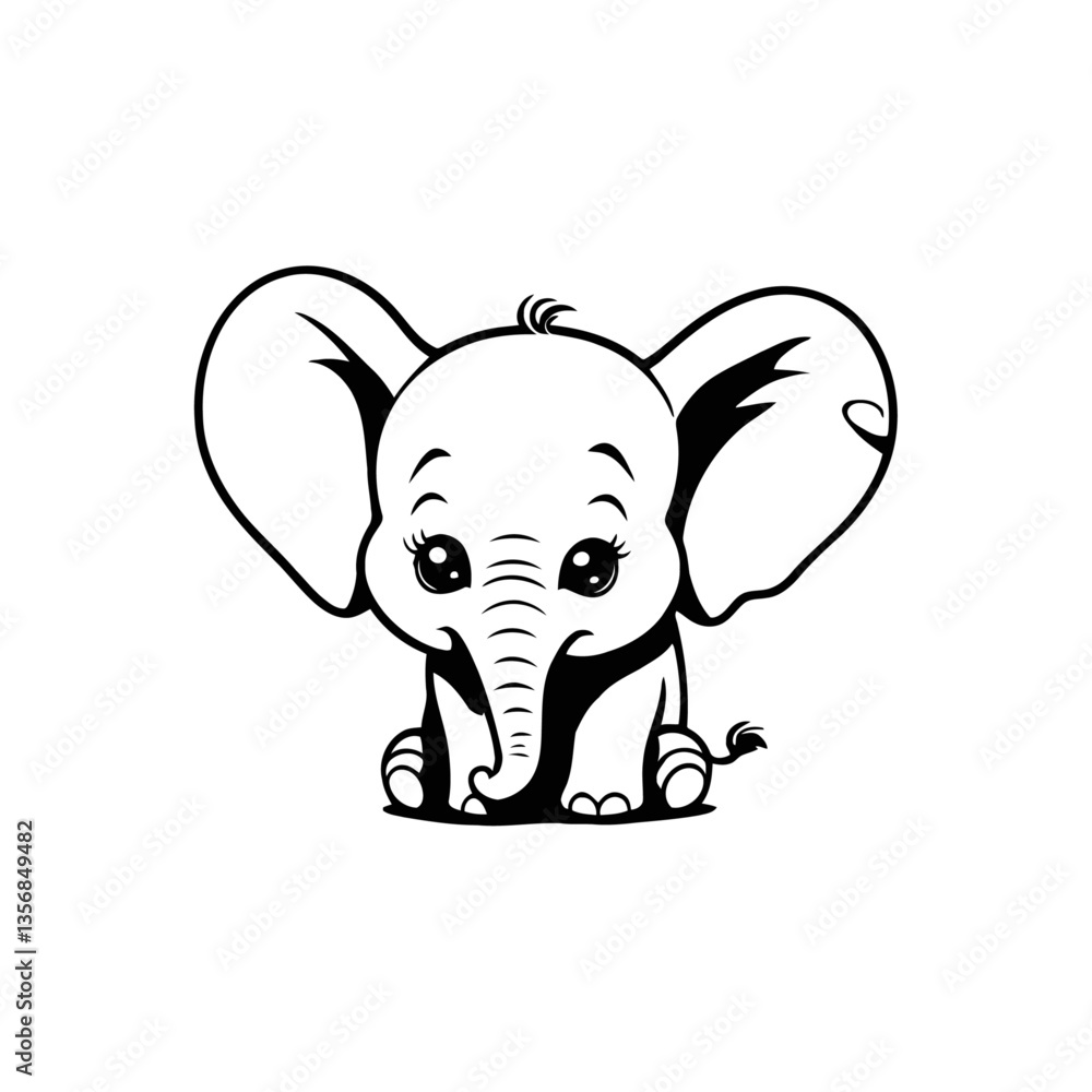 Fototapeta premium A minimalistic black and white vector illustration of a heartbroken baby elephant with a drooping trunk on a clean white background