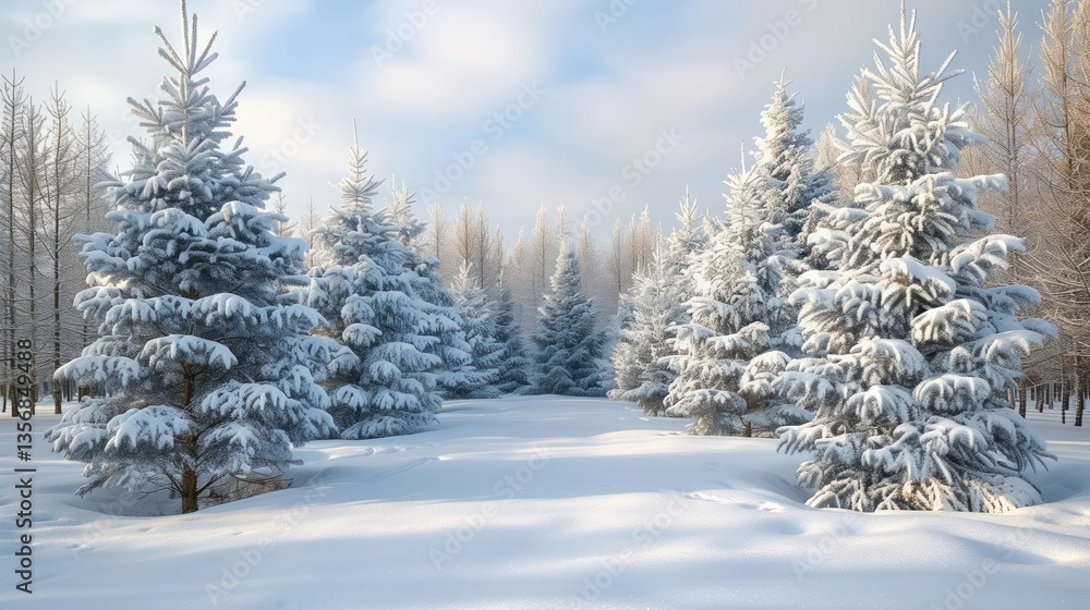 Snow-covered fir trees in a serene winter landscape Snow-covered fir trees in a serene winter landscape