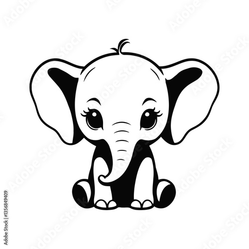 A simple black and white vector illustration of a baby elephant looking down sadly, its trunk hanging low on a clean white background