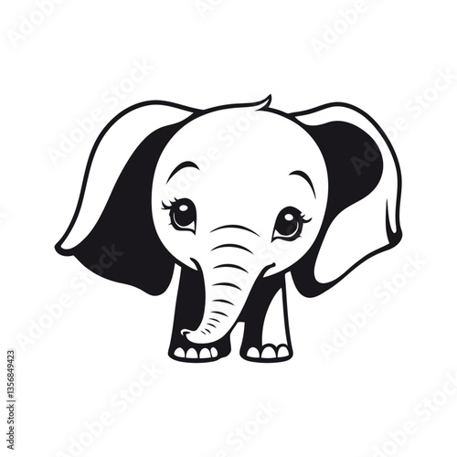 A black and white vector silhouette of a baby elephant with a sorrowful expression, standing with its ears drooping on a white background