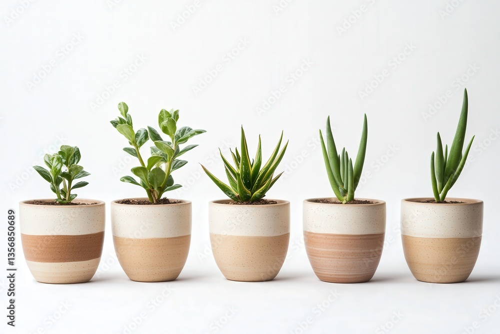 Fototapeta premium Five ceramic pots with various succulent plants on white background.