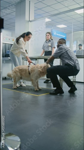 Wallpaper Mural Woman with Pet in Airport Terminal Security Checkpoint: African American TSA Officer Scanning Golden Retriever Dog Using Metal Detector Scanner. Animal Inspection before Boarding Flight. Vertical Shot Torontodigital.ca