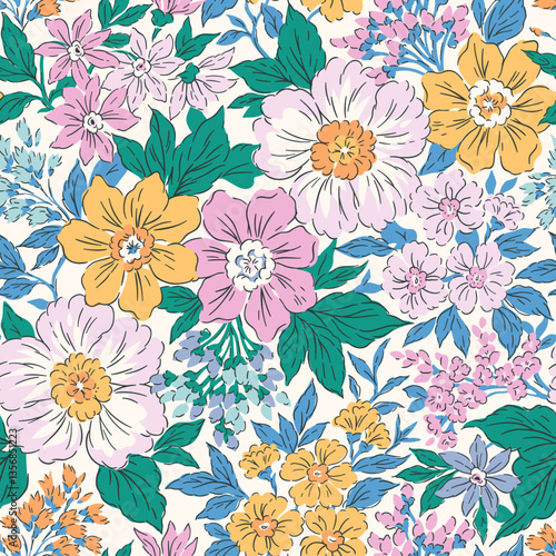 Vintage seamless floral pattern. Liberty style background of small pastel colorful flowers. Small flowers scattered over a white background. Stock vector for printing on surfaces. Gentle flowers.
