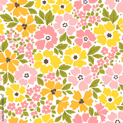 Beautiful floral pattern in small flowers. Small yellow and pink flowers. White background. Liberty print. Floral seamless background. Gentle template for fashion prints. Stock pattern. 