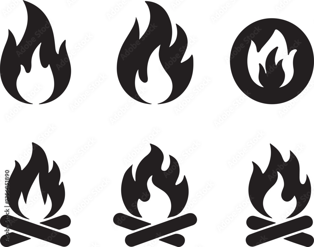 Set of black fire icons and symbols vector silhouette Set of black fire icons and symbols vector silhouette