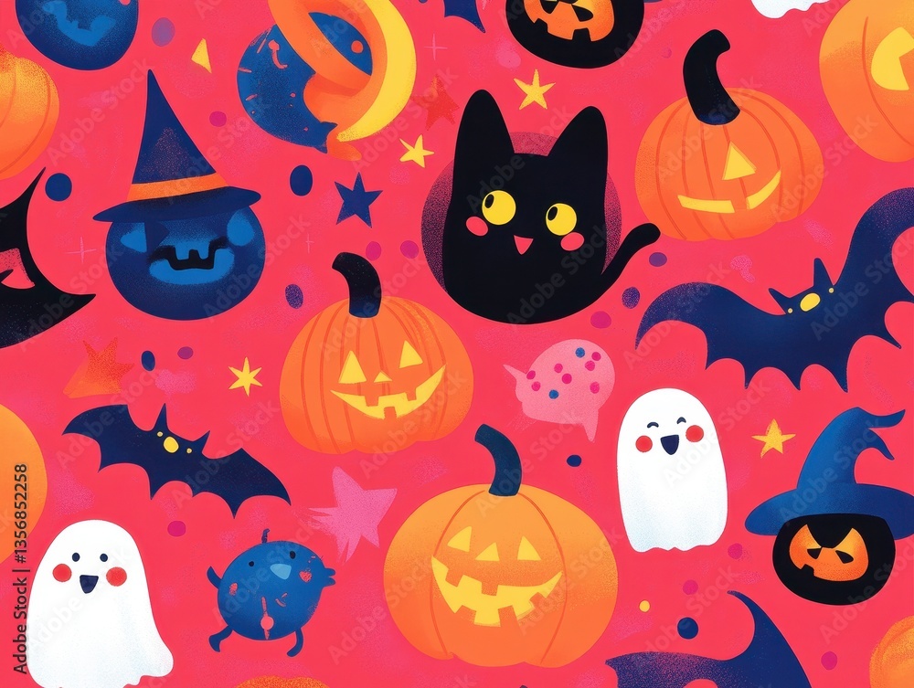 Fototapeta premium Cute Halloween Pattern with Pumpkins Bats Ghosts and Cat on Pink Background