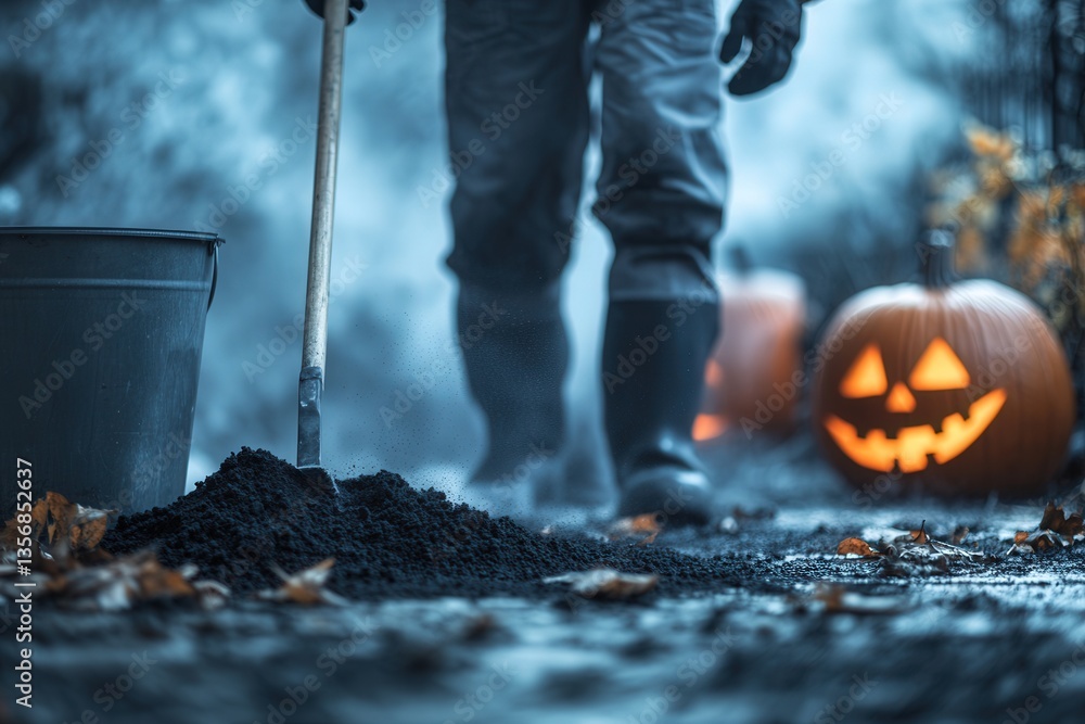 Naklejka premium Spooky autumn scene with jack-o'-lantern and mysterious figure