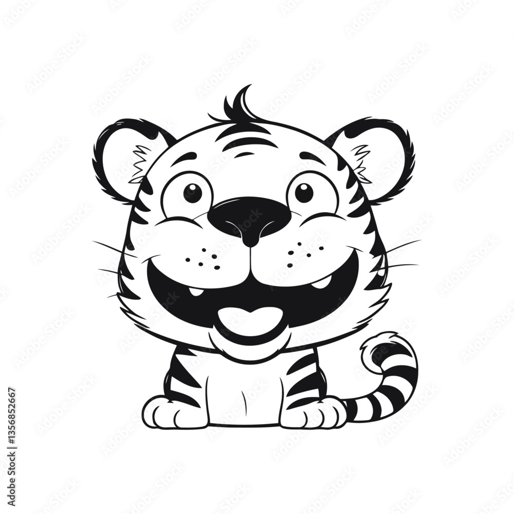 black and white vector silhouette of a happy baby tiger jumping excitedly with a wide smile on a white background black and white vector silhouette of a happy baby tiger jumping excitedly with a wide smile on a white background