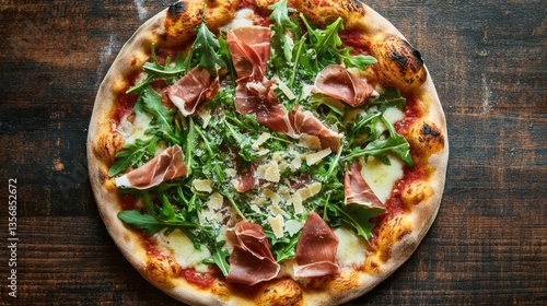 A top-down view of a gourmet pizza with prosciutto, arugula, and shaved Parmesan on a thin, crispy crust.