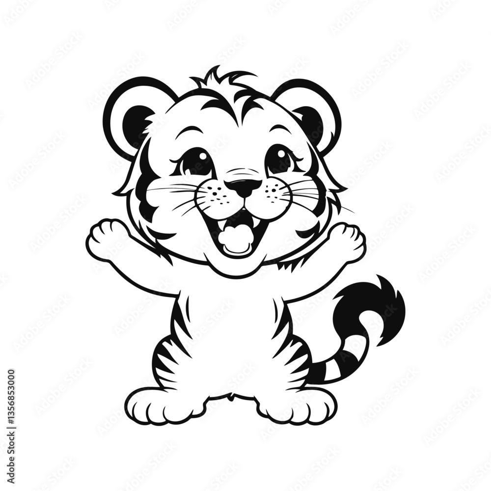 Fototapeta premium black and white vector silhouette of a baby tiger with a broad smile, looking happy and content on a white background