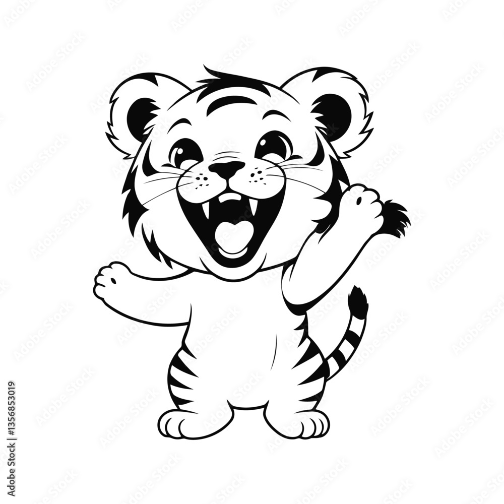 Fototapeta premium A black and white vector silhouette of a baby tiger with a playful smile, sitting happily with its tail wagging on a white background 