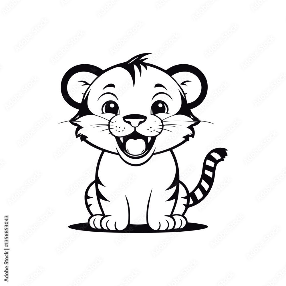 Fototapeta premium A minimalistic black and white vector illustration of a happy baby tiger smiling brightly, looking playful on a white background