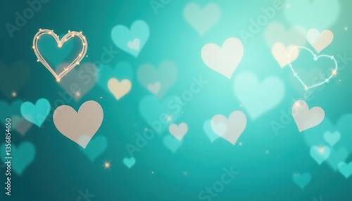 Abstract turquoise aquamarine background with hearts and bokeh lights, perfect for Mother's Day, Valentine's Day, Birthday, Christmas Wedding, copy space,  banner,  aquamarine