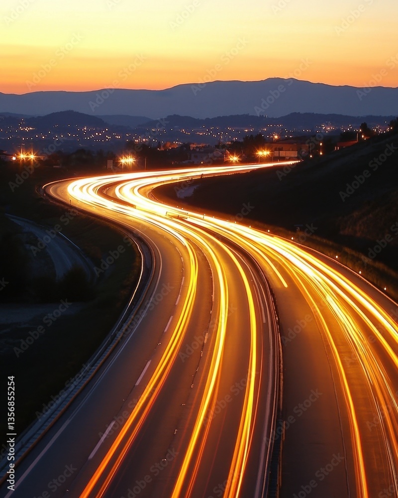 Fototapeta premium Highway Lights at Sunset with Mountain Backdrop Capturing the Essence of Travel and Modern Infrastructure with a Dynamic Perspective