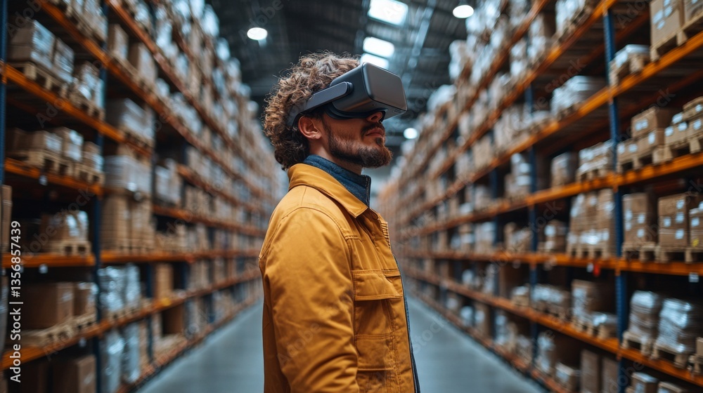 A person wearing virtual reality goggles navigates an expansive warehouse filled with stacked boxes. The focus is on utilizing technology for inventory solutions. A person wearing virtual reality goggles navigates an expansive warehouse filled with stacked boxes. The focus is on utilizing technology for inventory solutions.