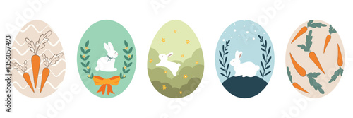 Easter Egg Illustrations Set with Rabbits, Flowers, Carrots and Colorful Patterns