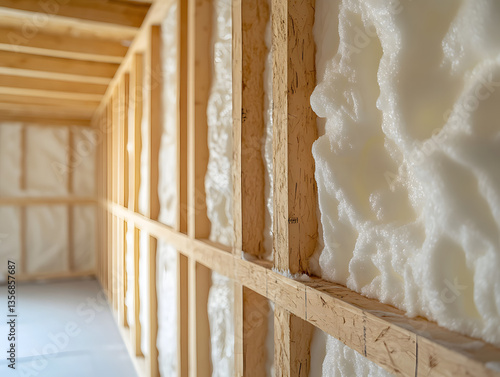 Spray Foam Insulation in Wooden Wall Frames of a Building