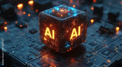 A cube with the letters AI on it is lit up with bright lights