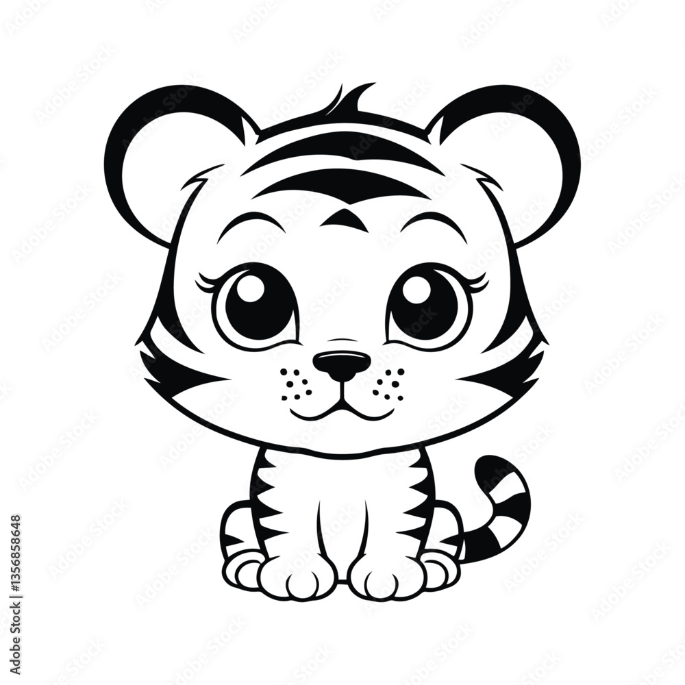 Fototapeta premium A black and white vector illustration of a baby tiger with a sad face, sitting quietly with its head lowered on a white background