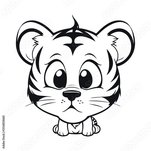 black and white vector silhouette of a baby tiger with drooping ears and a sorrowful expression on a white background