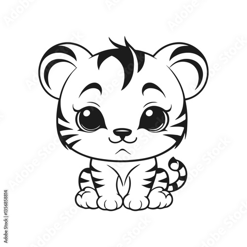  black and white vector silhouette of a baby tiger with a sorrowful expression, its tail curled tightly on a white background
