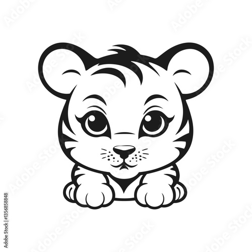 clean black and white vector illustration of a baby tiger with a sad face, sitting quietly with its paws tucked in on a white background