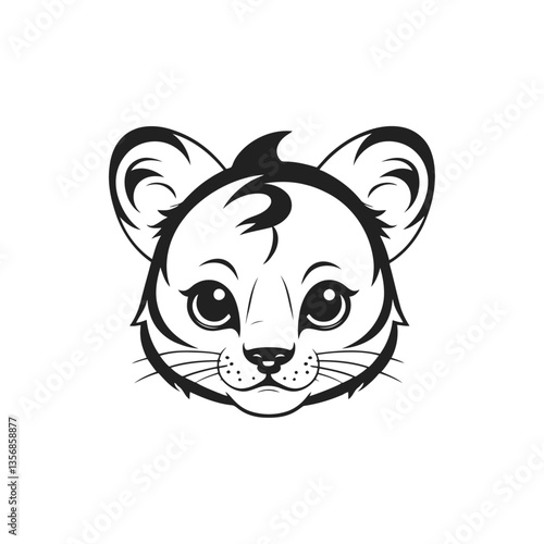 A simple black and white vector illustration of a lonely baby tiger with a drooping tail, sitting by itself with a sad face on a white background