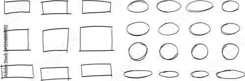 Hand-drawn sketchy rectangles and ovals in various shapes and distortions, isolated doodle-style elements on transparent background