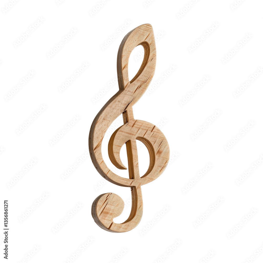 Fototapeta premium Wooden Treble Clef Musical Note Symbol Isolated on White Background for Creative Projects