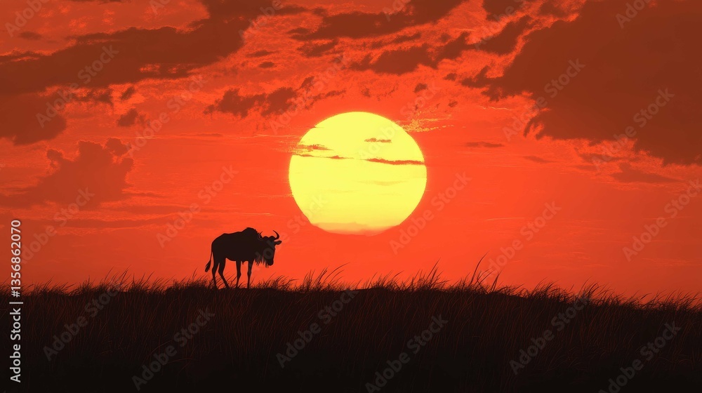 Naklejka premium A photo silhouette of a wildebeest standing on the horizon against a breathtaking African sunset 