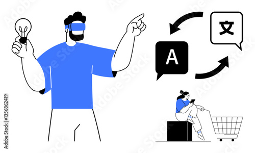 Man holding a lightbulb, wearing VR headset, pointing. Two translation symbols with arrows circling. Seated figure next to shopping cart. Ideal for technology, innovation, translation, education