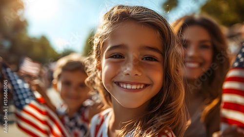 Happy family celebrating outdoors, patriotic parade