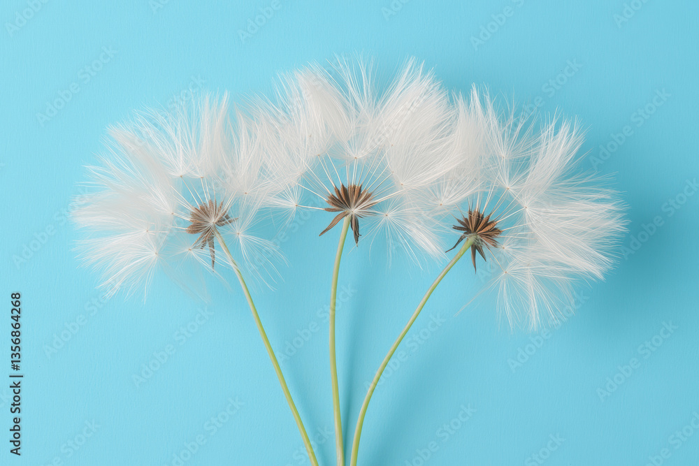 Fototapeta premium Dandelion seeds on blue background in minimalist composition
