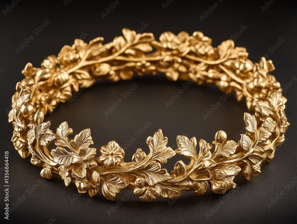 Obraz premium Exquisite Golden Floral Wreath A Symbol of Timeless Elegance and Natural Beauty Reflecting Artistic Craftsmanship on Dark Background