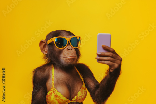 A stylish female monkey joyfully takes a selfie in a vibrant bikini against a yellow background, embracing summer, fun, fashion, and her role as an influencer.