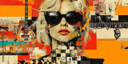 Woman with sunglasses and guitar in abstract collage style