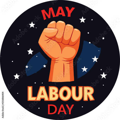A vibrant graphic design showcasing a clenched fist in red against a dark background with scattered stars and the words 
