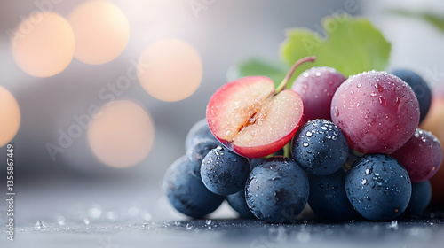 Red And Blue Grapes With Water Droplets On Dark Background
