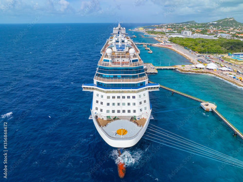 Celebrity Cruise Reflection aerial view docked at Curacao Cruise Terminal in Otrobanda, city of Willemstad, Curacao.
