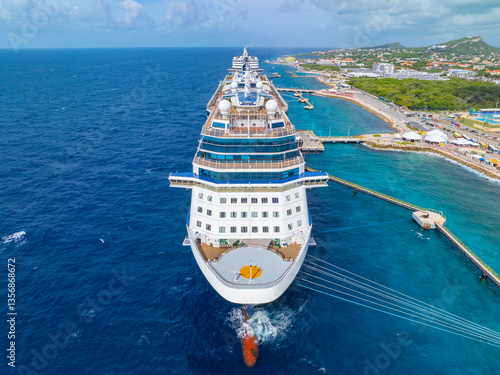 Celebrity Cruise Reflection aerial view docked at Curacao Cruise Terminal in Otrobanda, city of Willemstad, Curacao. 