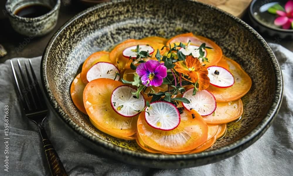 Vibrant radish and persimmon salad garnished with edible flowers in rustic setting. Vibrant radish and persimmon salad garnished with edible flowers in rustic setting.