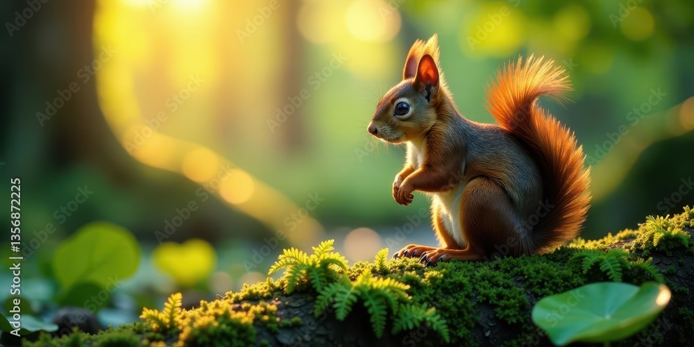 A fluffy-tailed rodent basking in the golden hour light, perched upon a mossy log within a verdant forest A fluffy-tailed rodent basking in the golden hour light, perched upon a mossy log within a verdant forest