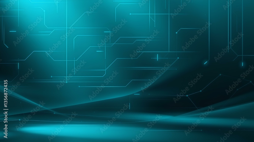 Fototapeta premium Abstract Digital Landscape: A Futuristic Teal Background with Circuit Patterns and Flowing Lines