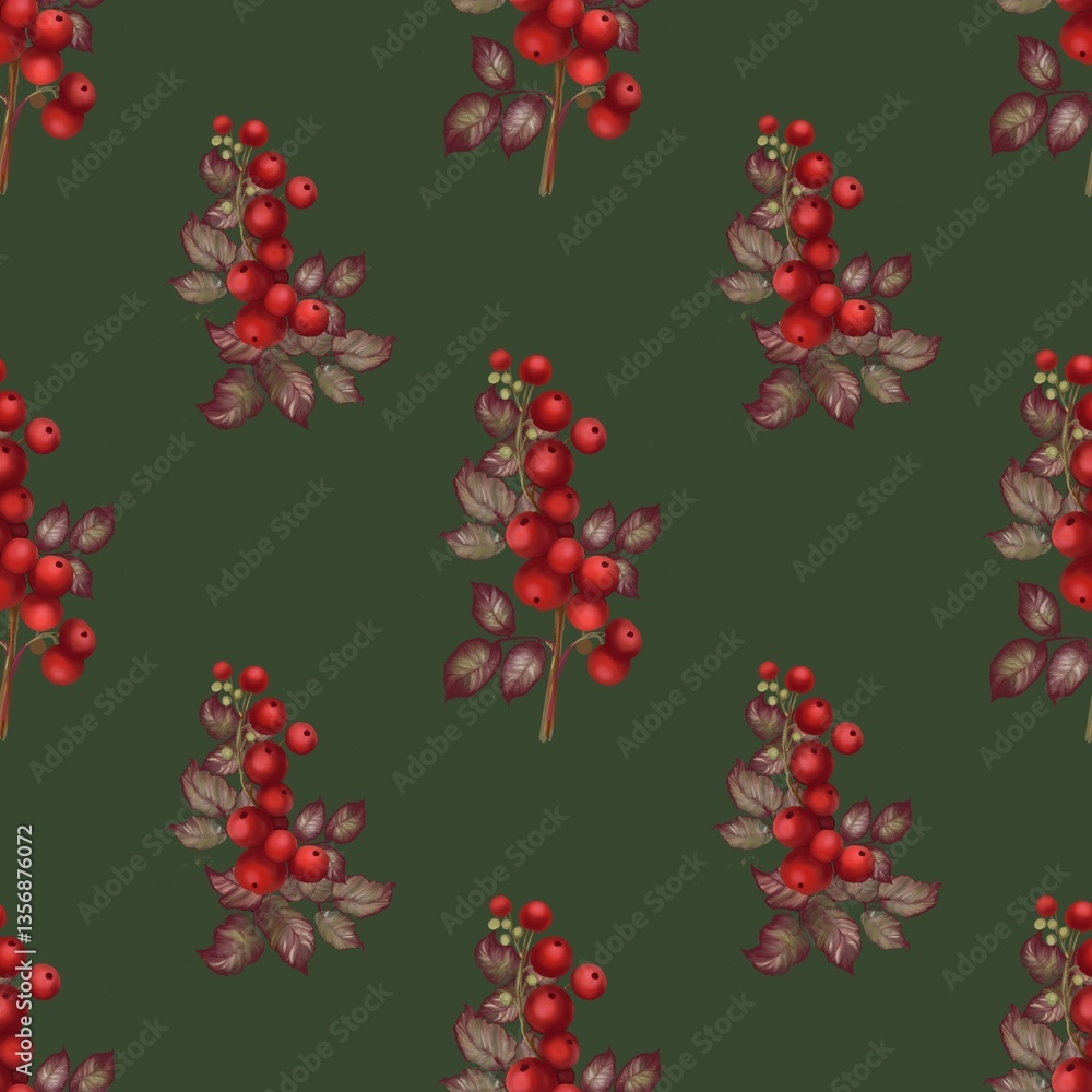 This image features a seamless pattern of festive botanical elements, including red berries, green leaves, and pine branches, arranged diagonally on a green background, evoking a winter holiday This image features a seamless pattern of festive botanical elements, including red berries, green leaves, and pine branches, arranged diagonally on a green background, evoking a winter holiday