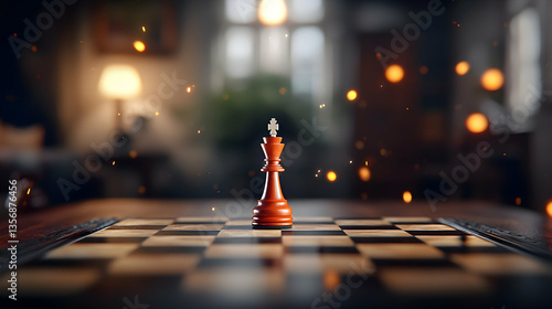 Red Chess King on Dark Board in Warmly Lit Room