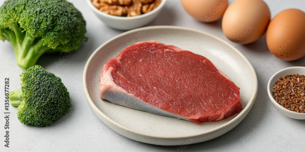 Fresh raw beef steak with eggs, broccoli, walnuts, and flax seeds on kitchen countertop for nutritional meal preparation Fresh raw beef steak with eggs, broccoli, walnuts, and flax seeds on kitchen countertop for nutritional meal preparation