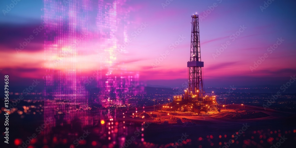 Obraz premium An oil rig platform stands at dusk against a colorful sky