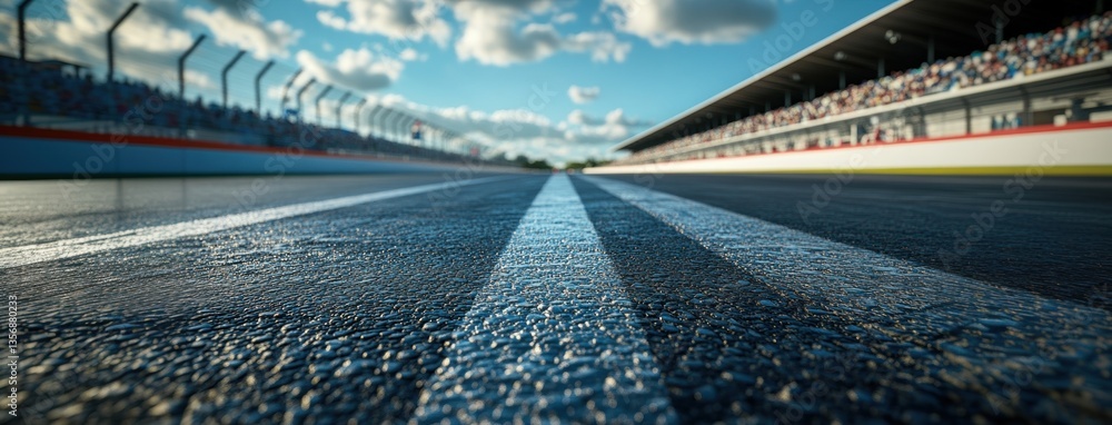 Obraz premium Close-up low angle perspective of racetrack with blue stripes and blurred crowd, capturing tension before race begins.