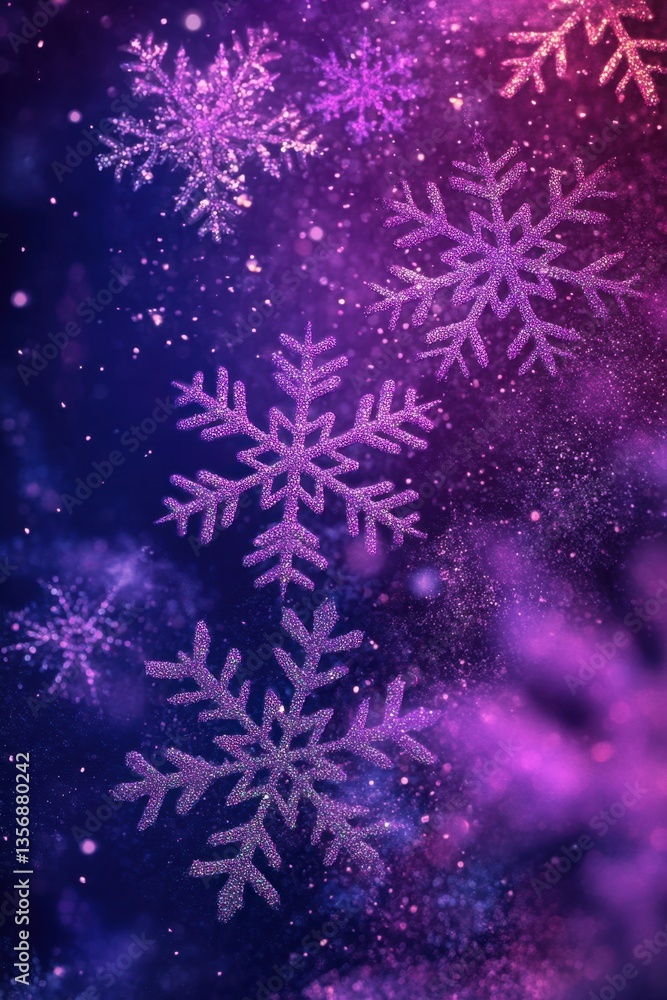 Fototapeta premium Enchanting winter season with shimmering snowflakes on a captivating purple and blue gradient background creating a magical festive atmosphere